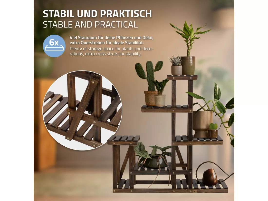 Étagère à fleurs en bois brun carbonisé meuble 6 niveaux support pot pour salon