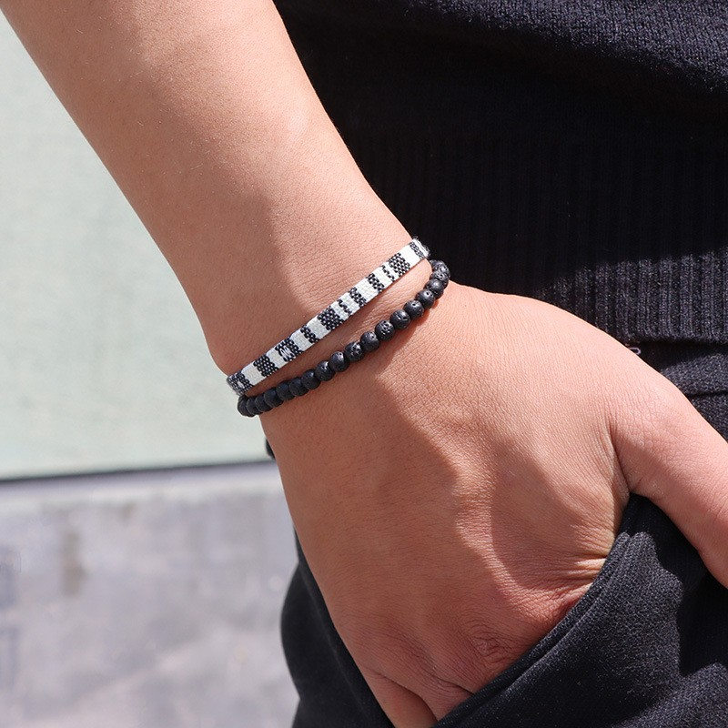 (2-tlg. Set) Stoff Armband Lavastein Accessoire Boho Armkette - Schwarz / Rosa