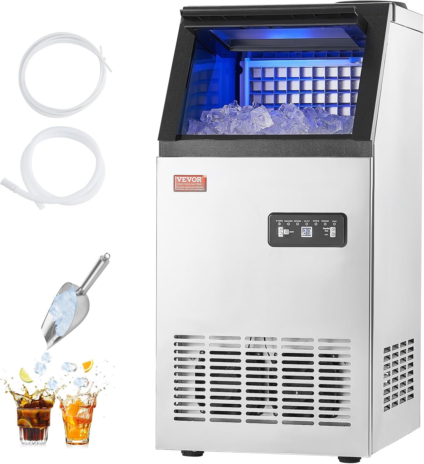 VEVOR kommerzielle Eismaschine (54,43 kg/Tag) Eisbereiter mit 12,7 kg Speicherkapazität, 36 Eiswürfel in 15 Minuten, mit LED-Digitalanzeige & 2 Möglichkeiten zur Wasserzugabe, für Bar Büro Restaurant