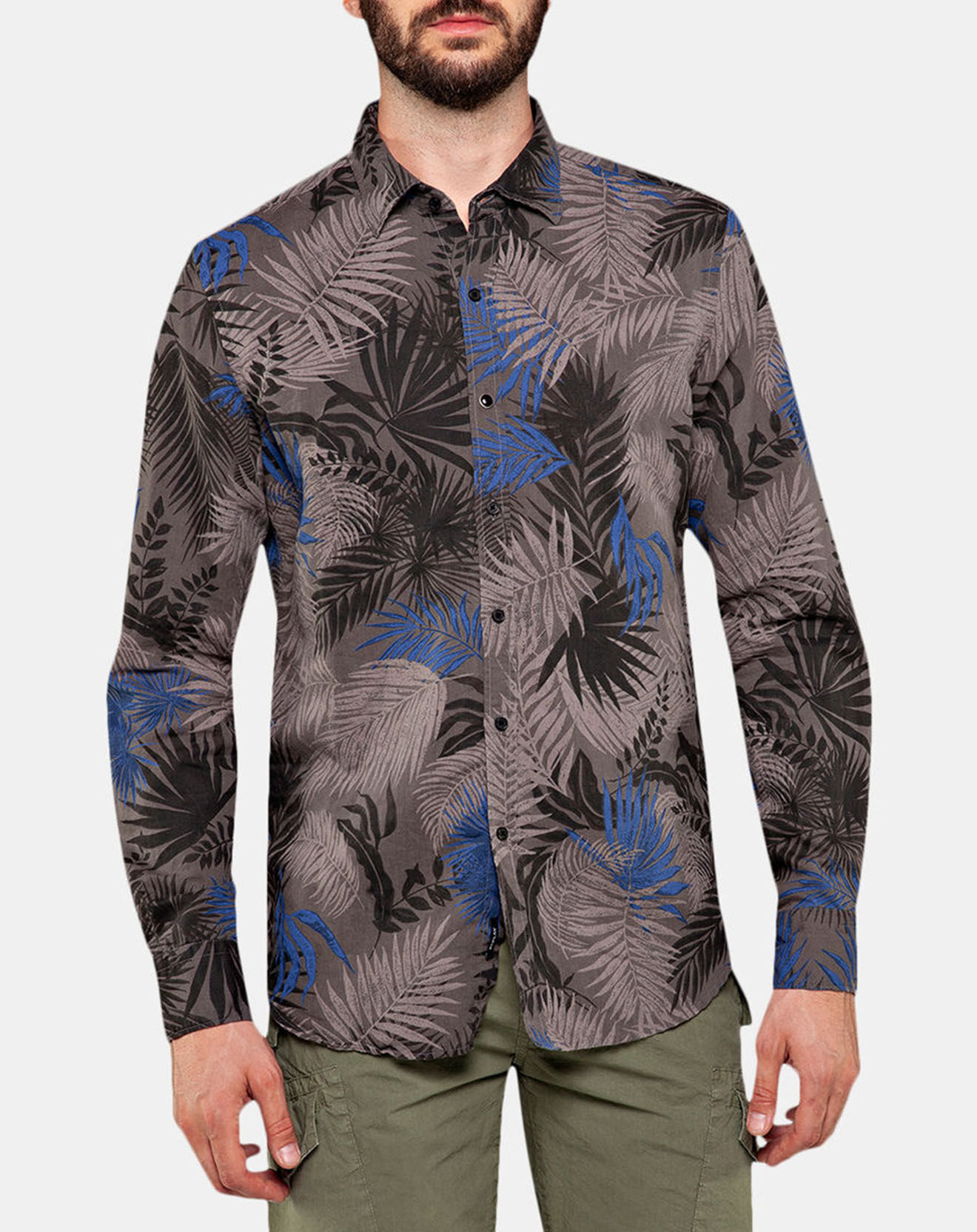 Replay Chemise ajustée en Coton & Lin Print Feuilles gris/bleu
