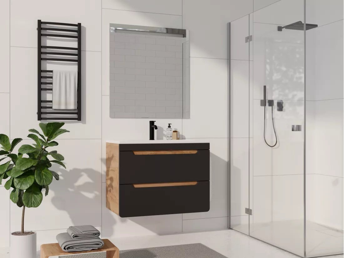 Meuble de salle de bain suspendu avec vasque à encastrer - 80 cm - Naturel clair et anthracite - ARUBA
