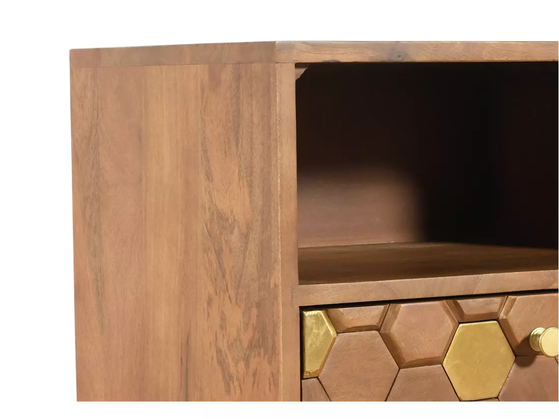 Table de chevet 1 tiroir et 1 niche - Bois de manguier et métal - Naturel et doré - BELORI