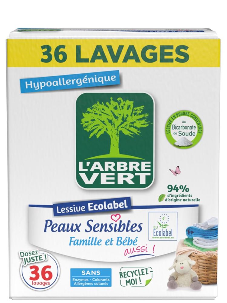 L'ARBRE VERT Öko Waschmittel Pulver Plv empfindliche Haut Karton 1.8 kg