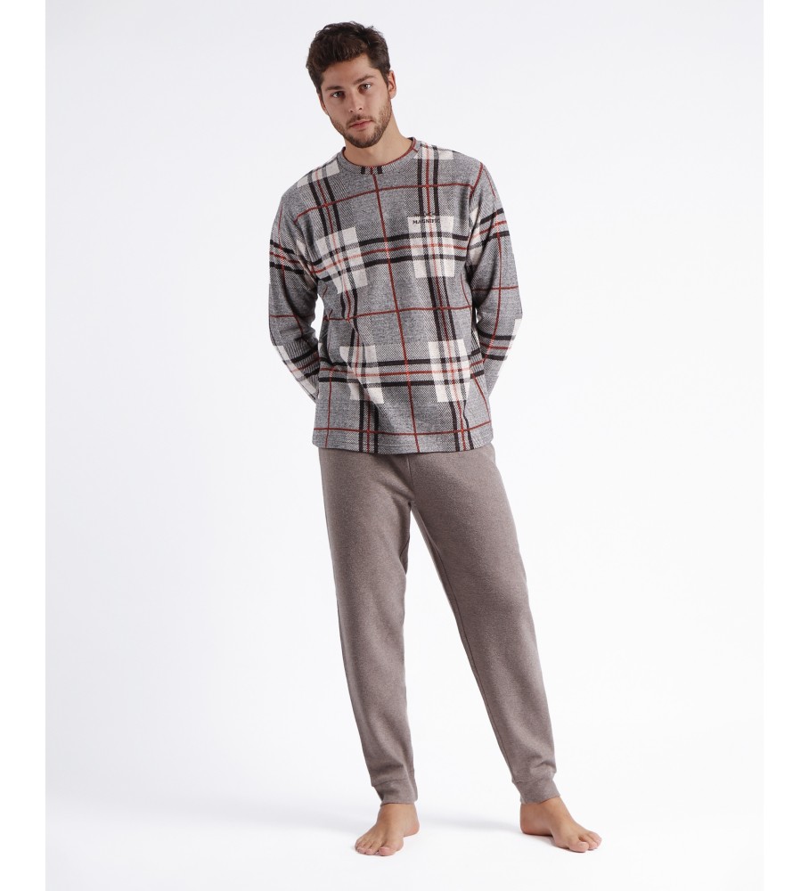 Pijama de manga comprida xadrez marrom Admas