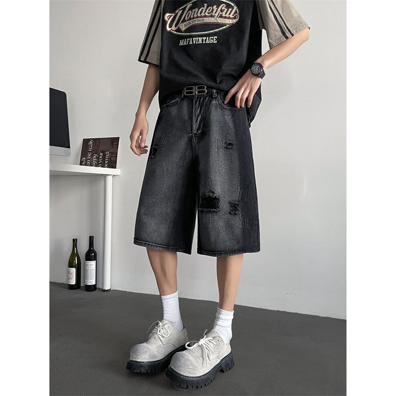 Filmas - Mid Rise Washed Distressed Wide Leg Jorts