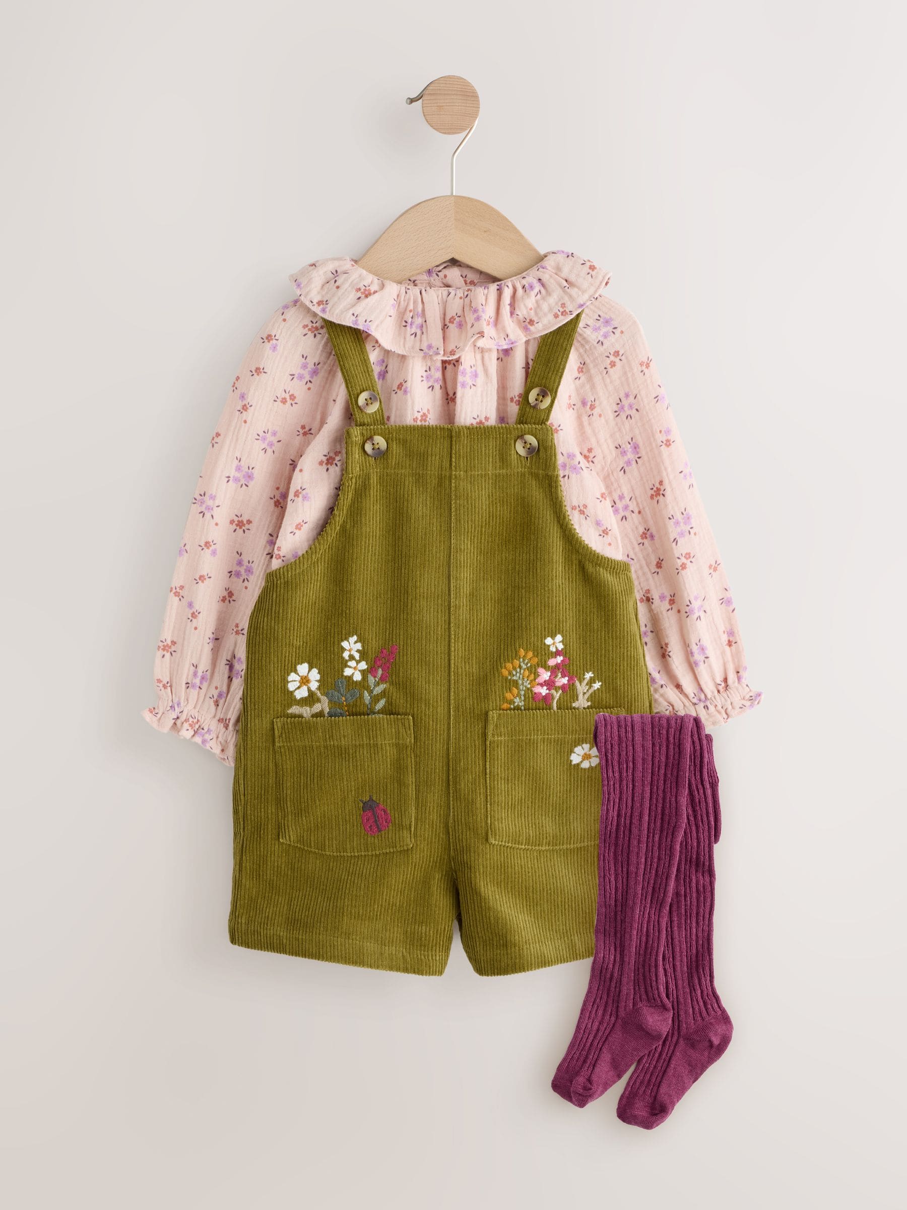 Groen - Set van corduroy bretelbroeken met bloemenprint, blouse en panty's (3mnd -7jr)