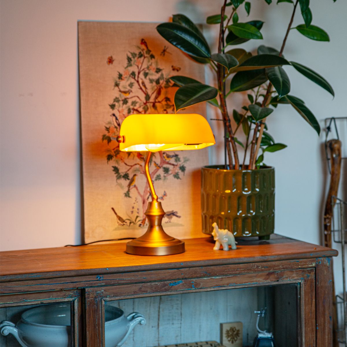 Klassieke notarislamp brons met amber glas - Banker
