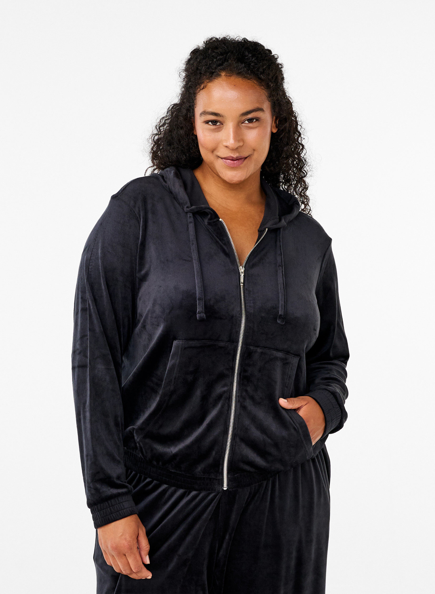 Velour cardigan med hætte