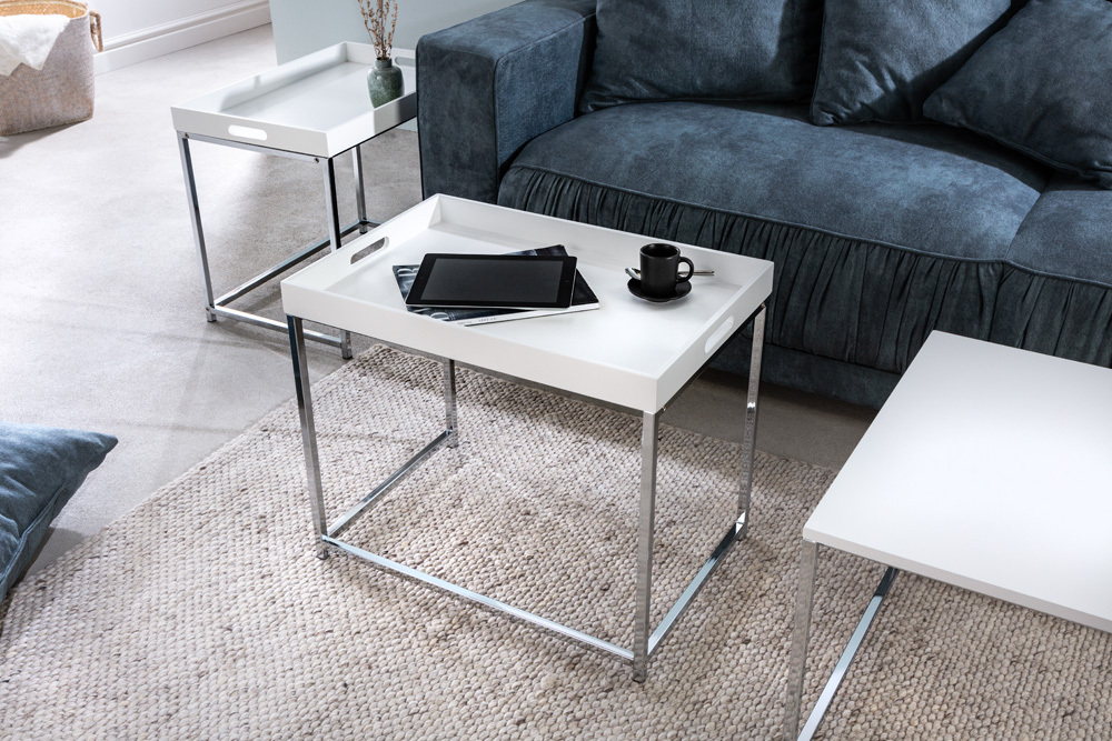 Modernes Couchtisch 3er Set ELEMENTS 75cm weiß Chrom abnehmbares Tablett