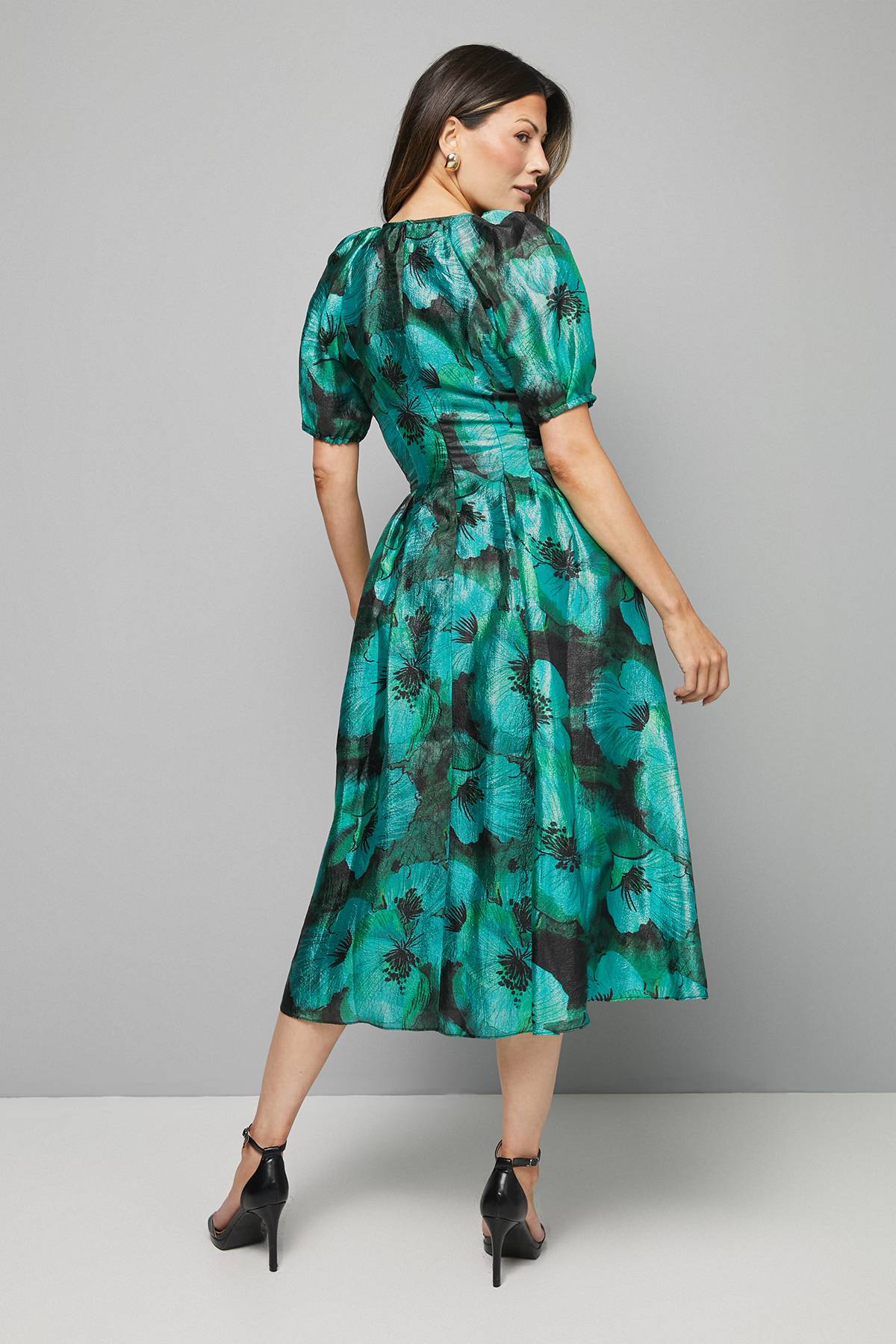 Wallis Robe Midi en Organza Fleuri à Manches Bouffantes