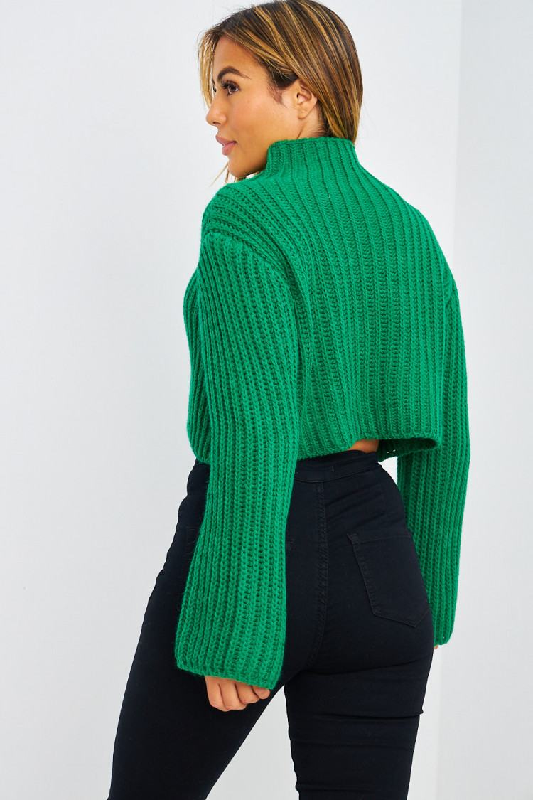 Pull court en grosses mailles vert