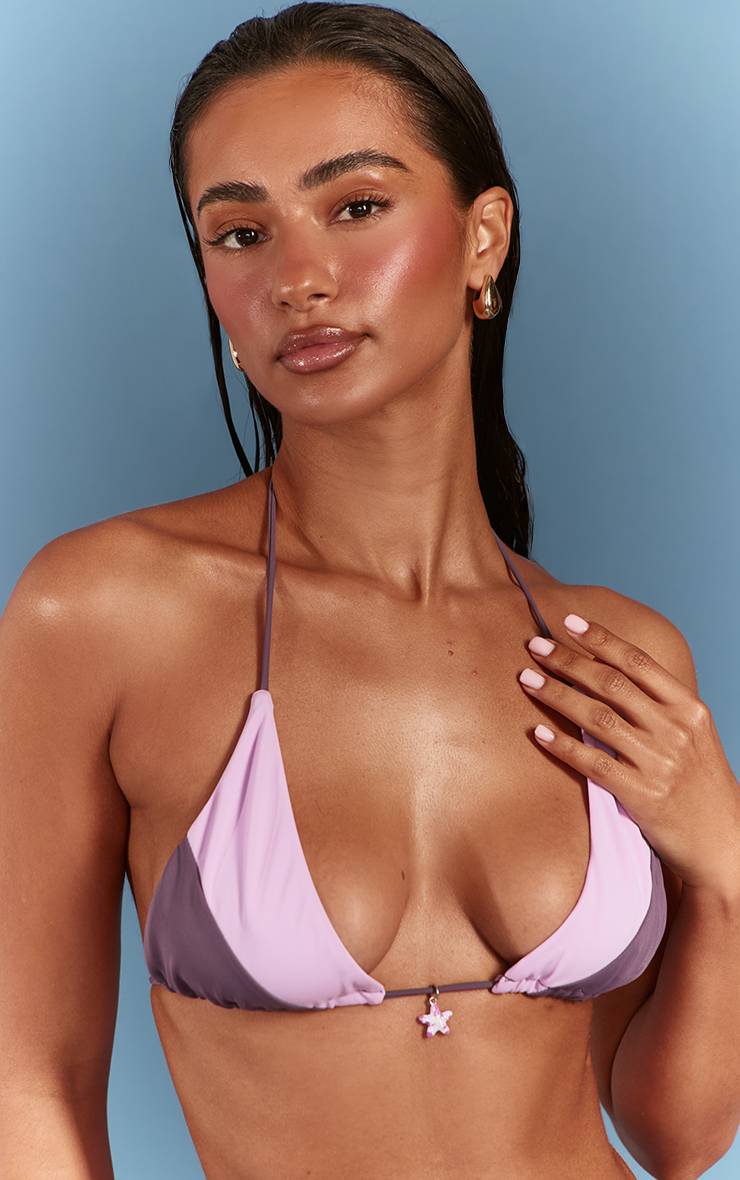 Violet Haut De Bikini Triangle Froncé Prune À Contraste