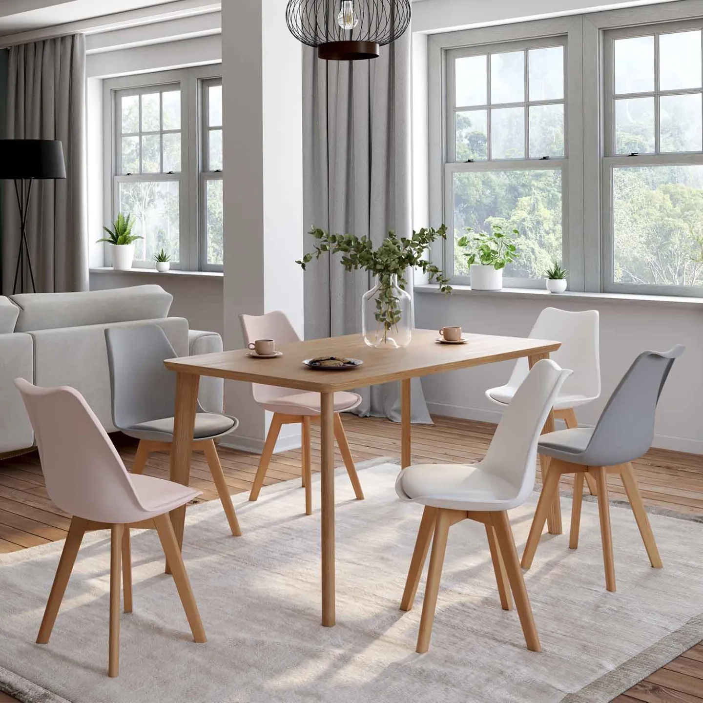 Lot de 6 chaises scandinaves SARA mix color pastel rose x2, gris clair x2 et blanc x2