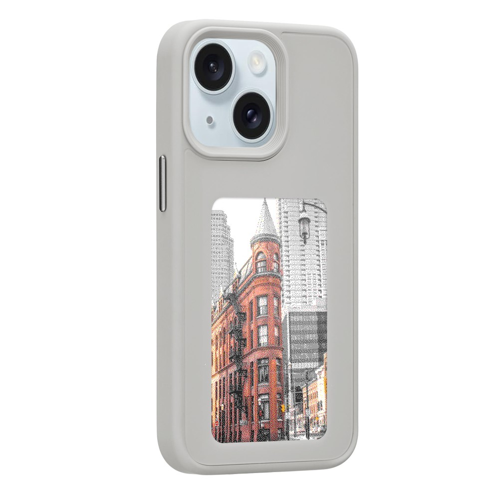 iPhone 15 Hybrid Hülle TPU Bumper mit Acryl Rückseite   DIY E-Ink Display mit NFC Technologie - Grau