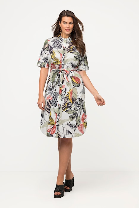 Hemdblusenkleid, Blätter, A-Linie, Hemdkragen, Halbarm