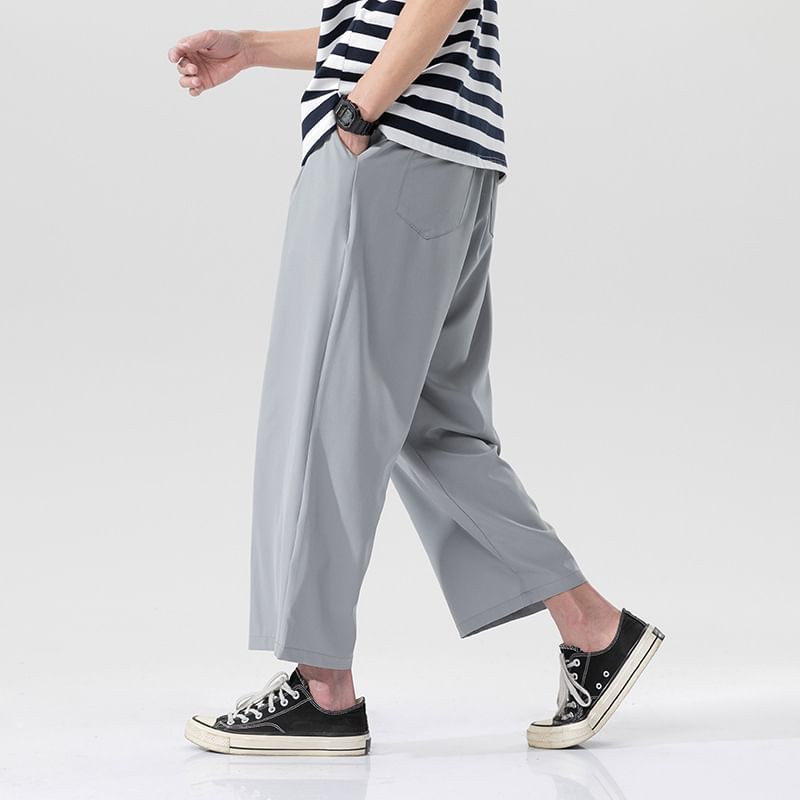 FORSETI - Effen cropped broek met wijde pijpen en trekkoordtaille