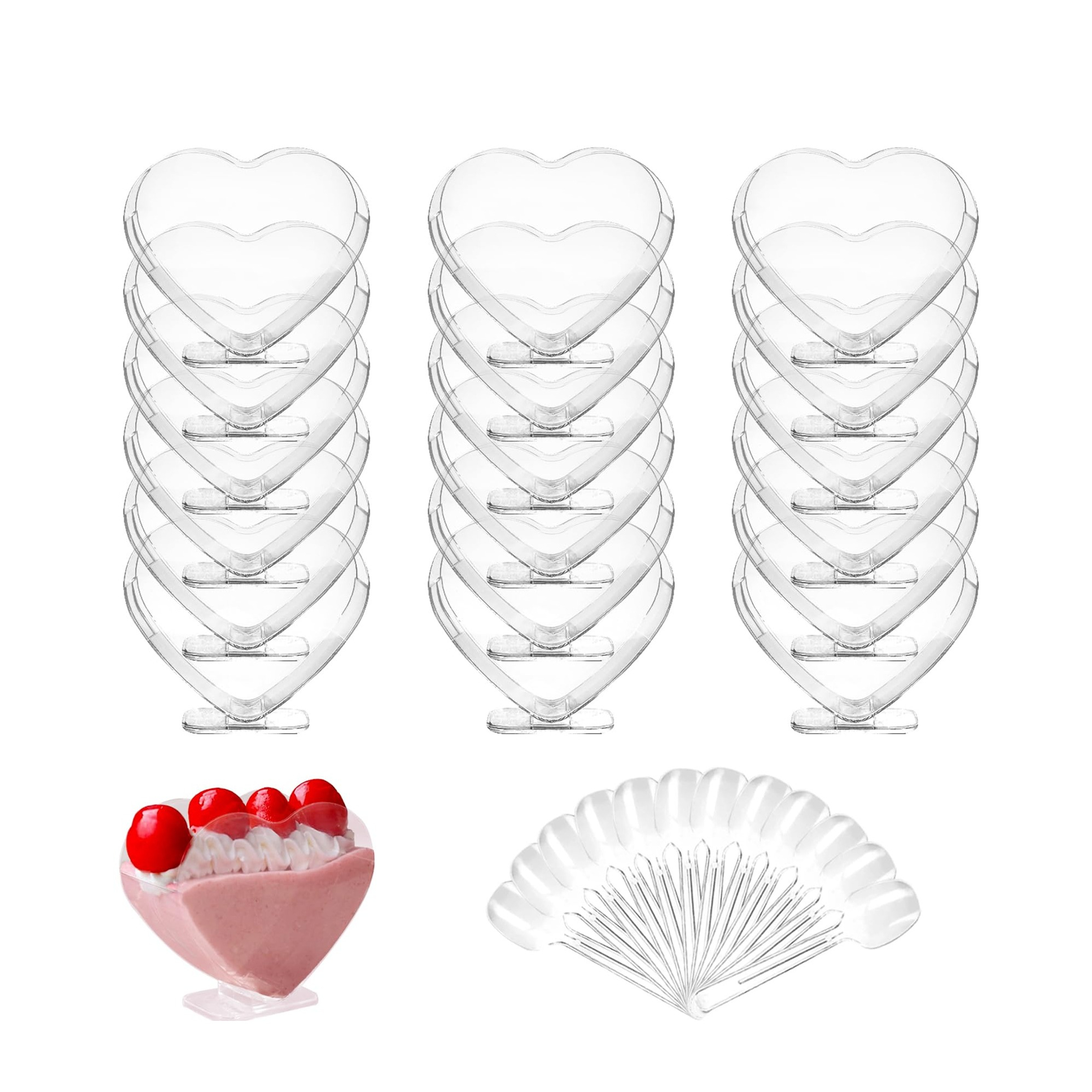 (100-tlg. Set) 80x70mm Einweg Mini Dessert Herz Becher Party Geschirr Schälchen inkl. Löffel für Glacé / Mousse / Pudding - Transparent