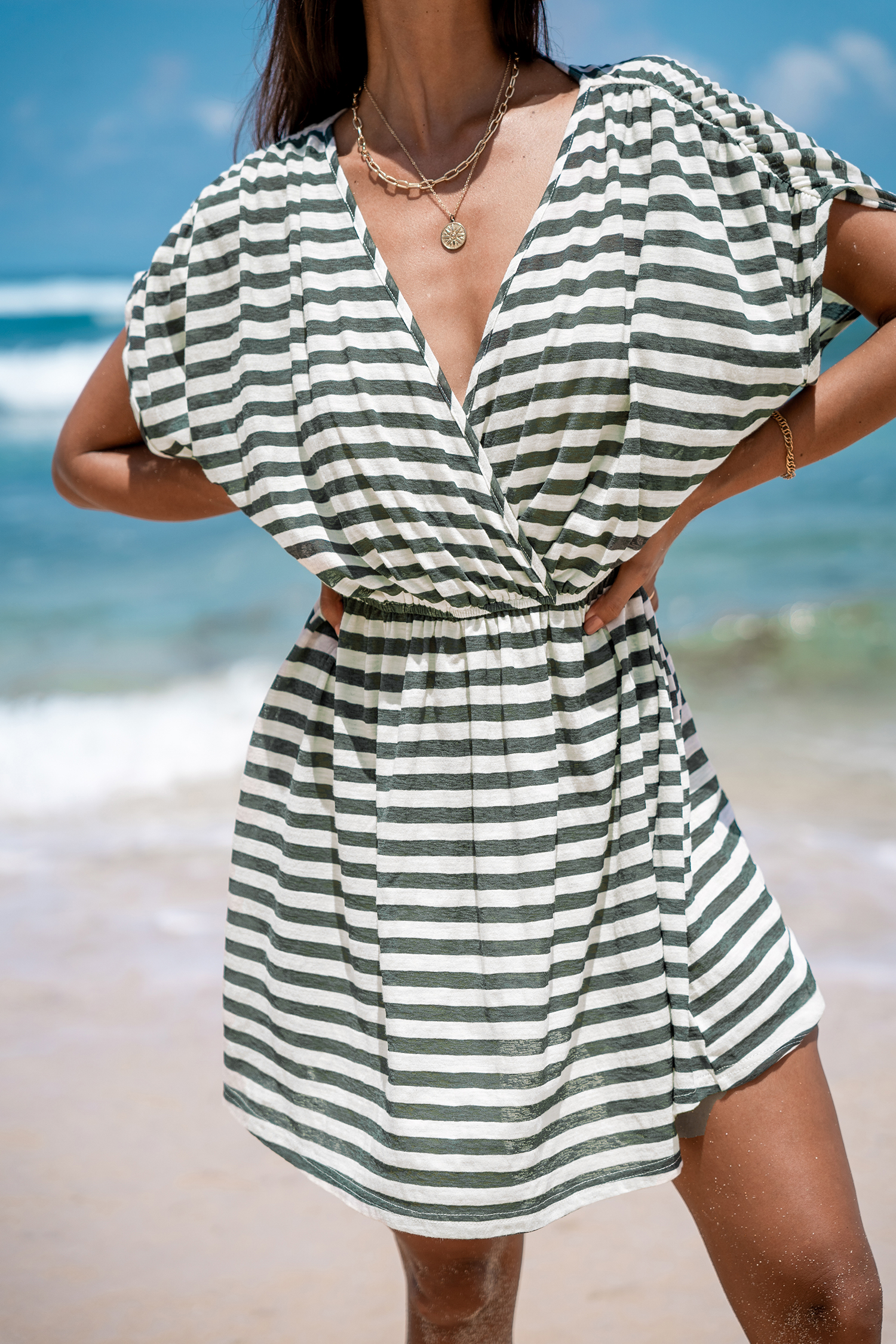 Robe cover up mini à manches dolman et col surplis avec rayures