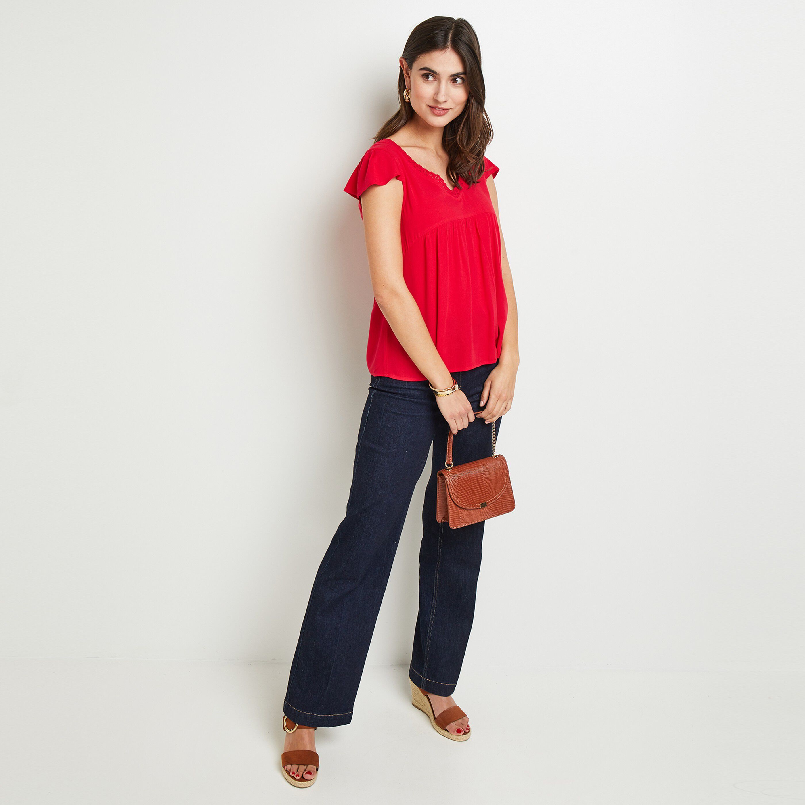 Blouse manches courtes col V - FUSHIA