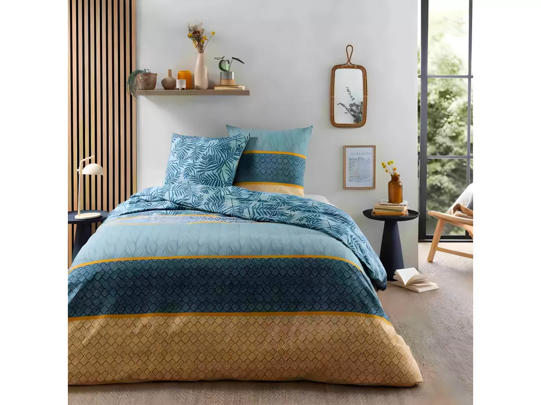 Parure de lit 2 personnes en coton 57 fils imprimé vert 240x220cm