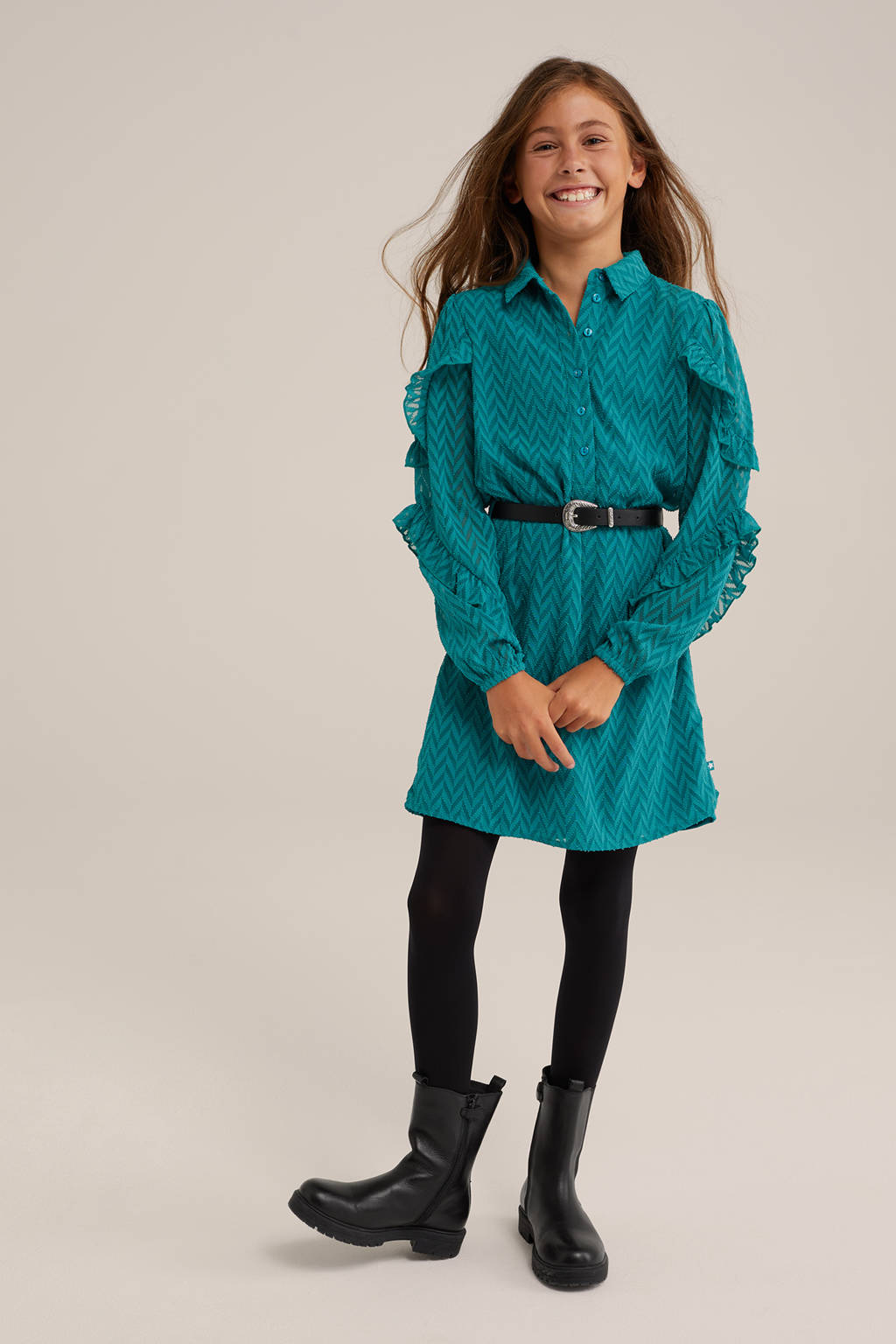 WE Fashion jurk met all over print en ruches petrol/donkergroen