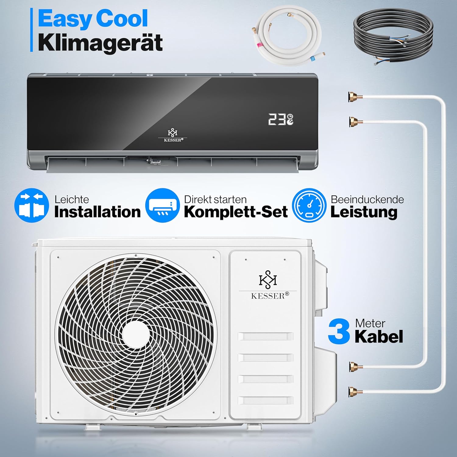 KESSER® Klimaanlage SET Split - mit WiFi/App Funktion Klimagerät - Kühlen A++/ Heizen A+ -12000 BTU/h (3.400 Watt) Sehr Leise, Kältemittel R32 - Fernbedienung, Timerfunktion - Inkl. Montagematerial