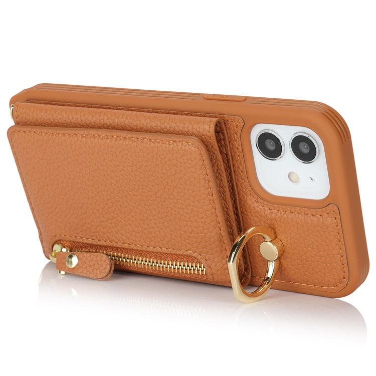 iPhone 12 / iPhone 12 Pro Necklace Leder Hülle mit Münzfach und Kartenfächer   Finger Griff Halterung   Handykette - Braun