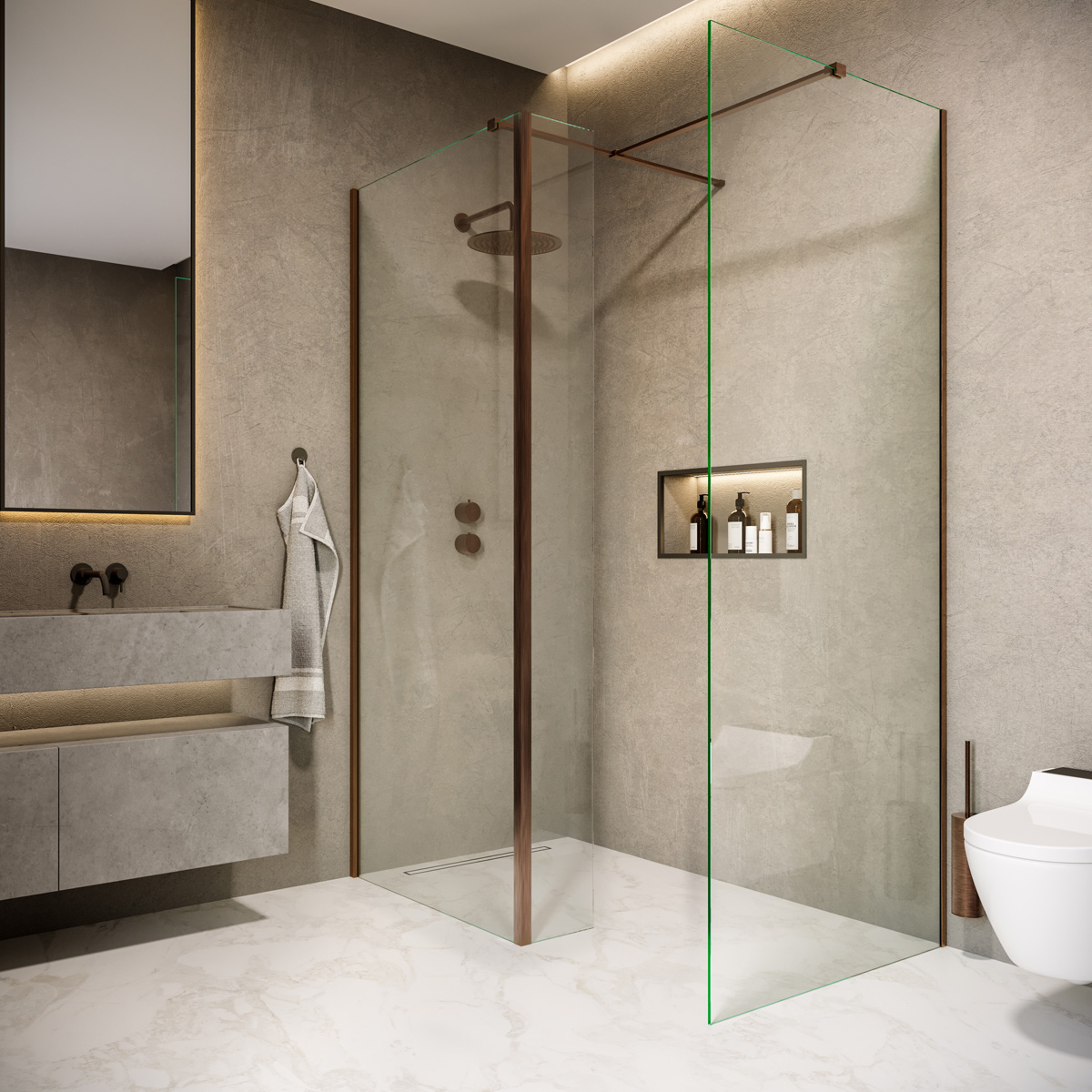 Saniclear Rivo inloop douchecabine 150x90cm met 30cm zijwand en 60cm vrije inloop verouderd messing