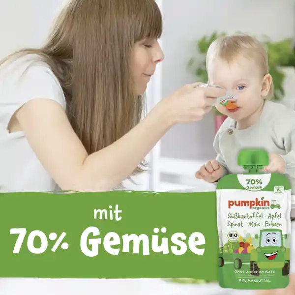 Bio Quetschie mit Süßkartoffel, Apfel, Spinat, Mais & Erbsen