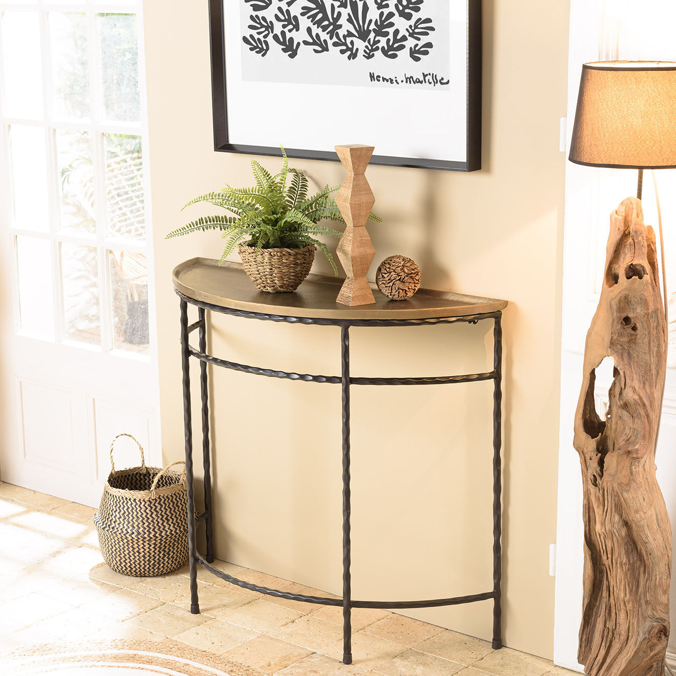 Macabane Console demi-lune pieds torsadés Jonas doré/noir - 91x36x80 cm