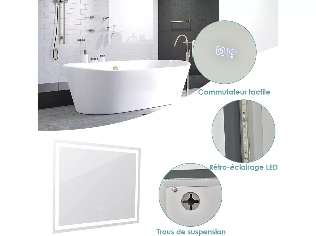 Miroir de Salle de Bain Anti-Buée LED, 80 x 60 cm, Miroir Mural Lumineux avec 3 Eclairages Blanc Froid/Neutre/Chaud, Miroir LED Rectangulaire avec Interrupteur Tactile et Fonction