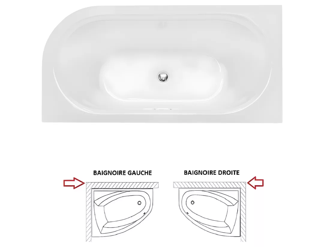 Baignoire d'angle Blanc + Siphon Graphite et Vidage inclus + Repose tête - AVITA S CLASSE - DROITE - 170 x 75 cm