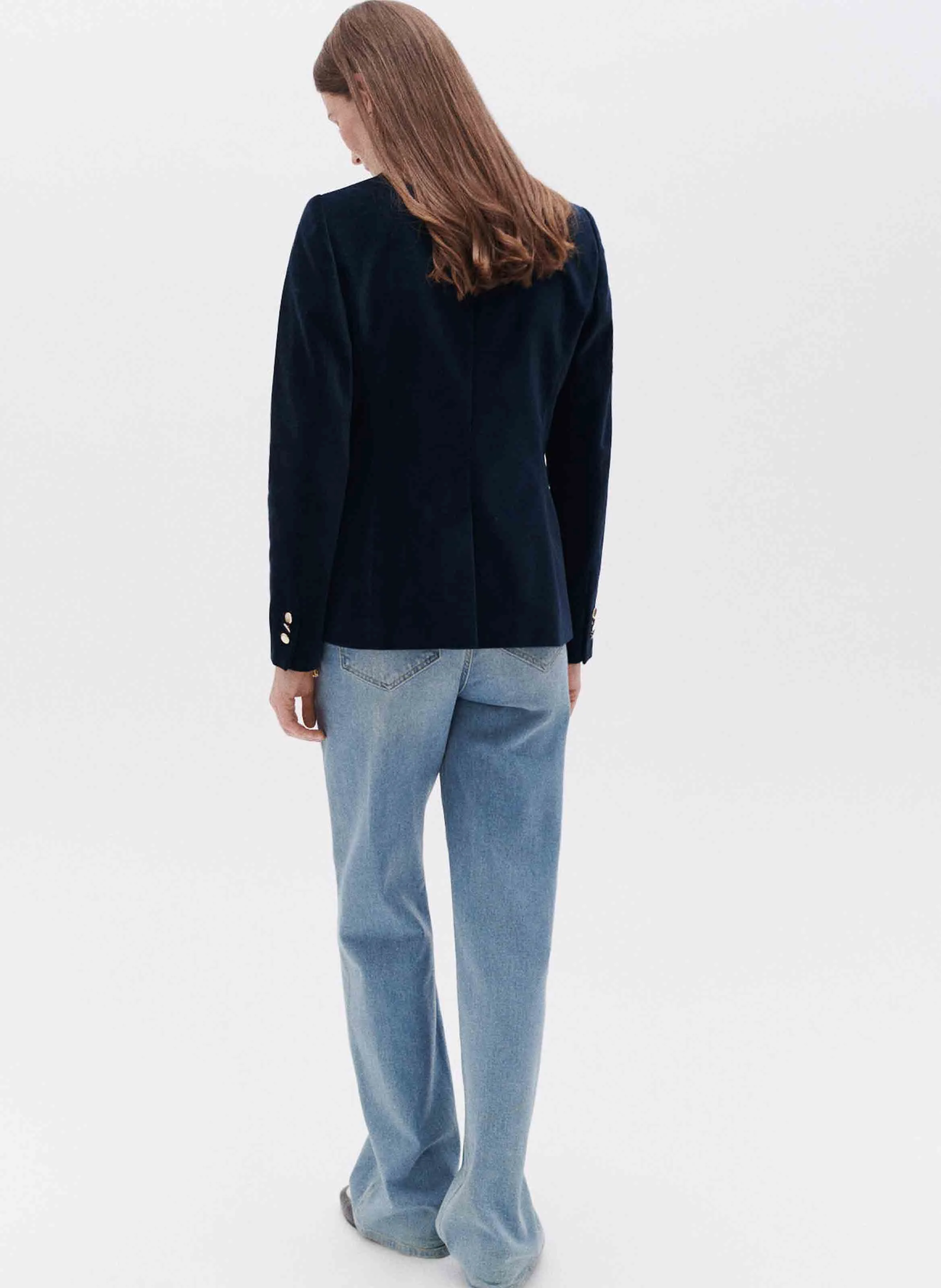 VAMBRE - Veste droite col tailleur en velours de coton | Bleu