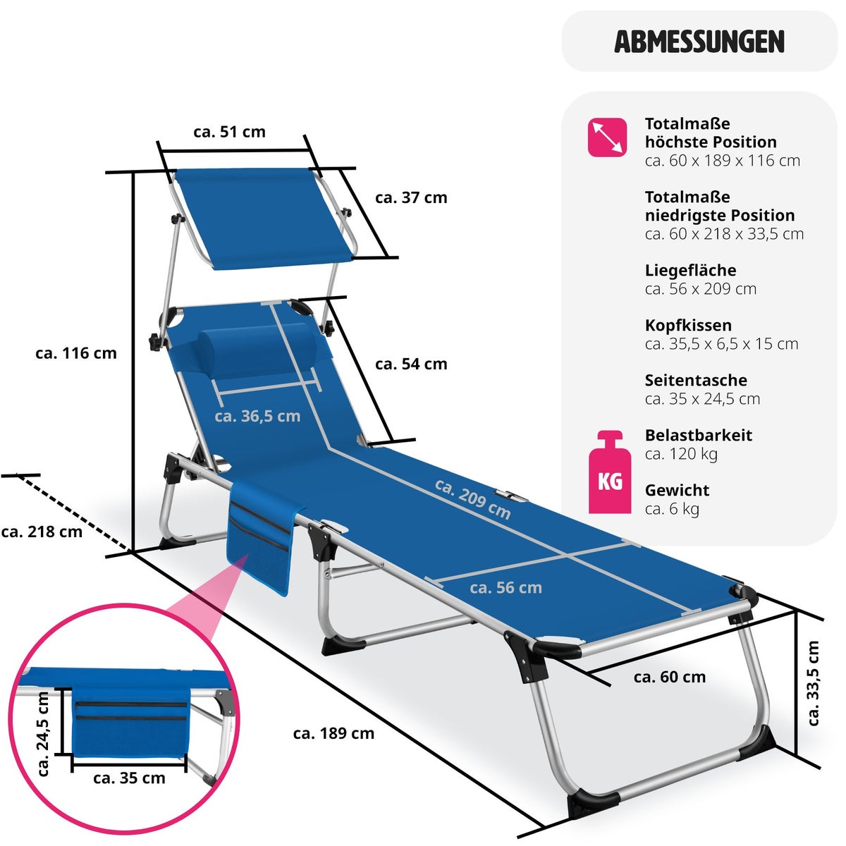 tectake Aurelie opvouwbare zonnestoel met hoofdsteun, 218 x 60 x 33,5 cm, inclusief zijvak