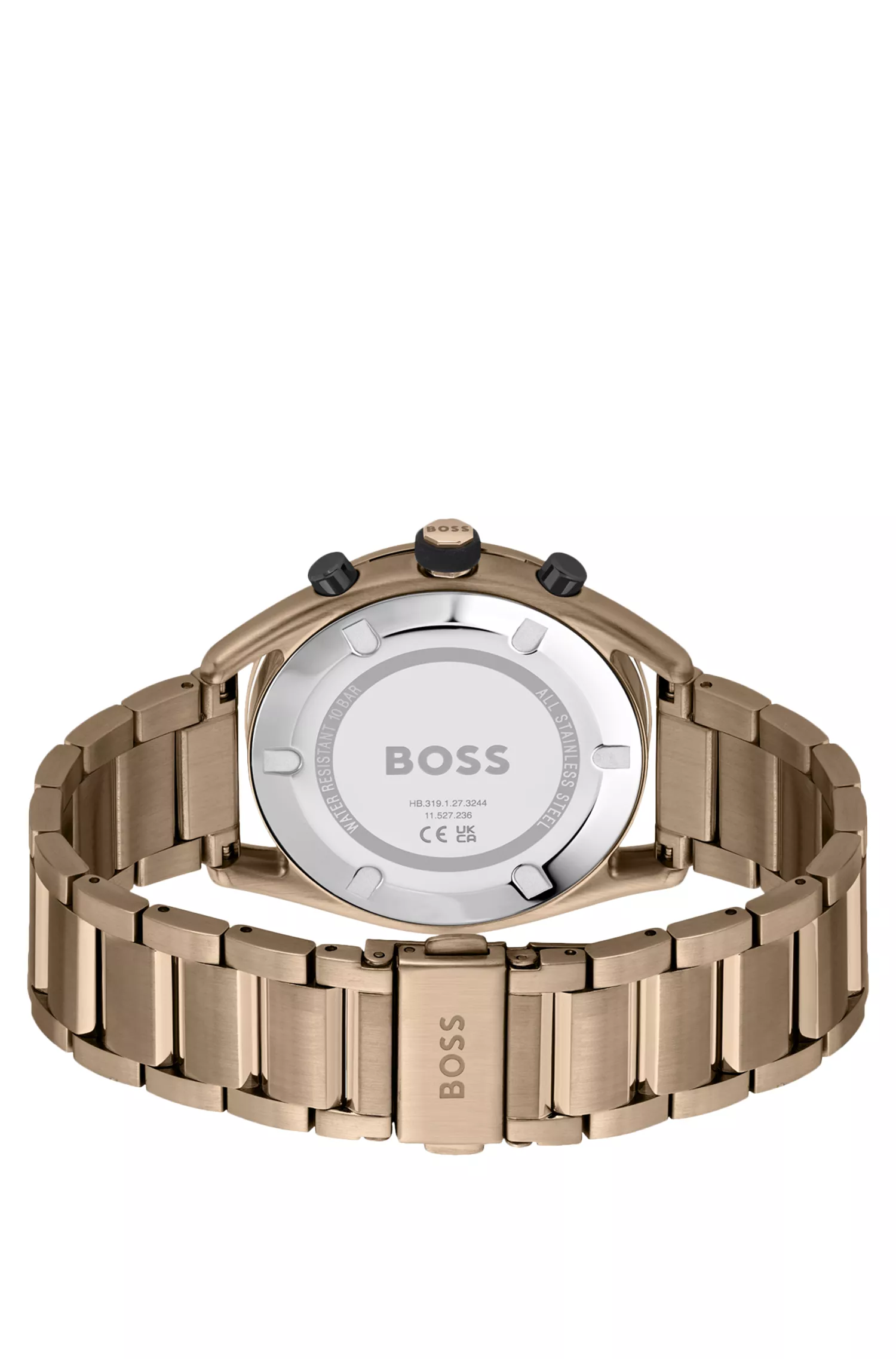 Relógio cronógrafo BOSS preto e dourado com pulseira de elos.