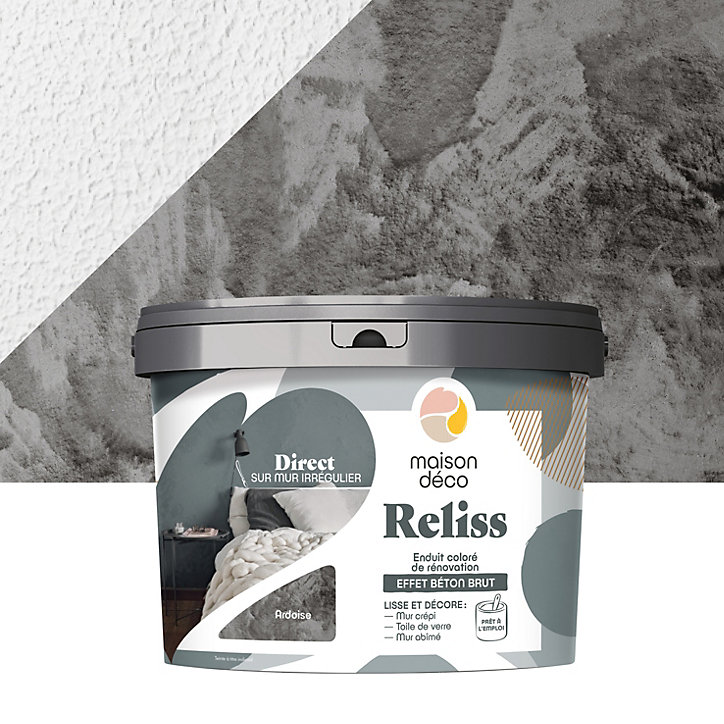 Enduit coloré de rénovation effet béton brut Maison Déco Reliss gris ardoise 15KG