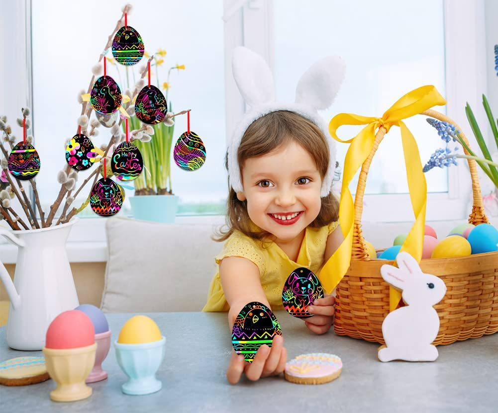 (8er Set) 11x8cm Oster Kratzbilder Kinder DIY Bastel Deko Regenbogen Scratch Art inkl. Glitzer Steine / Schnur - Osterei
