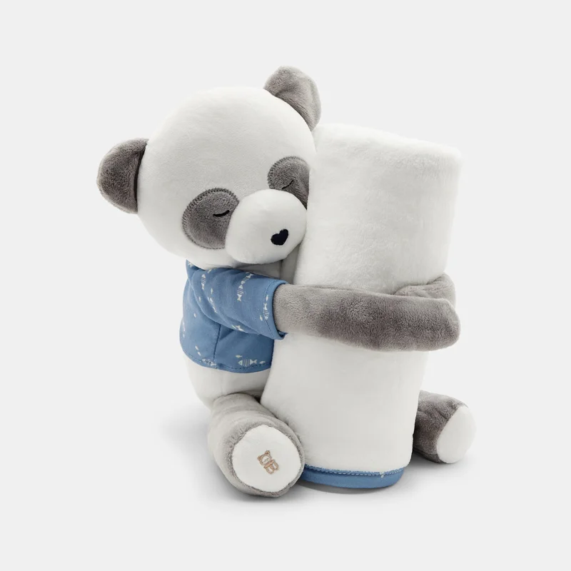 Doudou panda et plaid polaire blanc bébé naissance Bleu