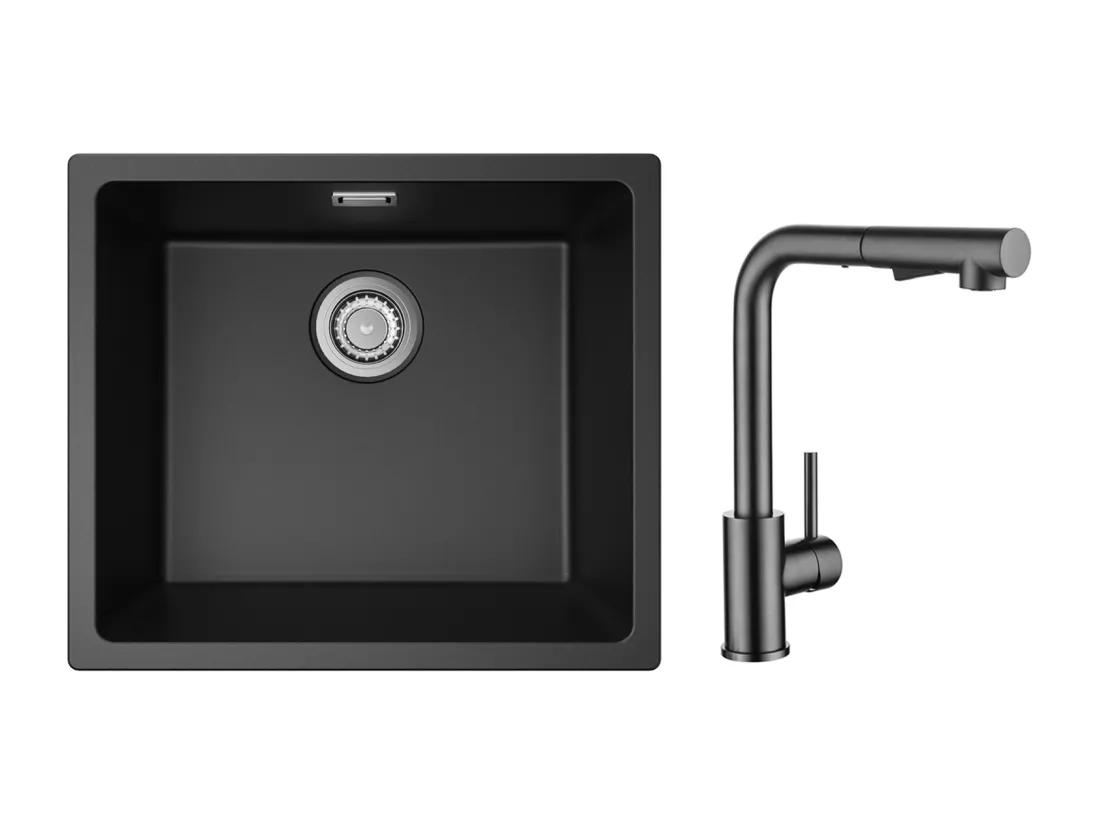 Evier 1 Bac en Quartz et Résine, 3 Options de Montage, 50*44*20cm + Mitigeur Cuisine Avec Douchette Extractible