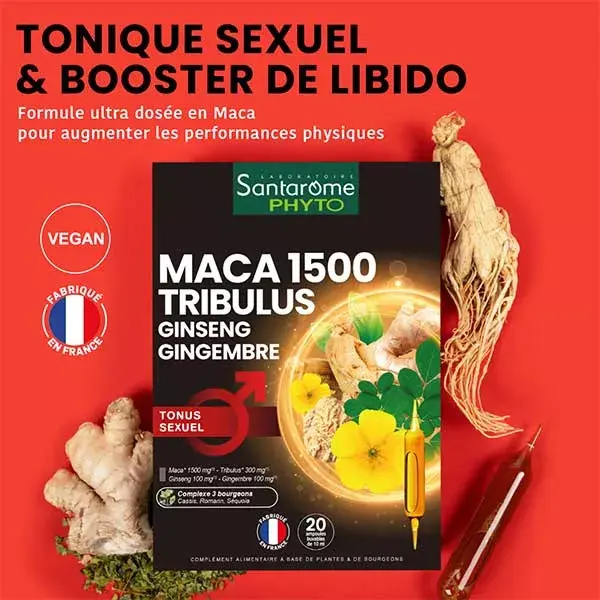 Santarome Bio Maca 1500 Tribulus Ginseng Gengibre Tonificação Sexual 20 ampolas