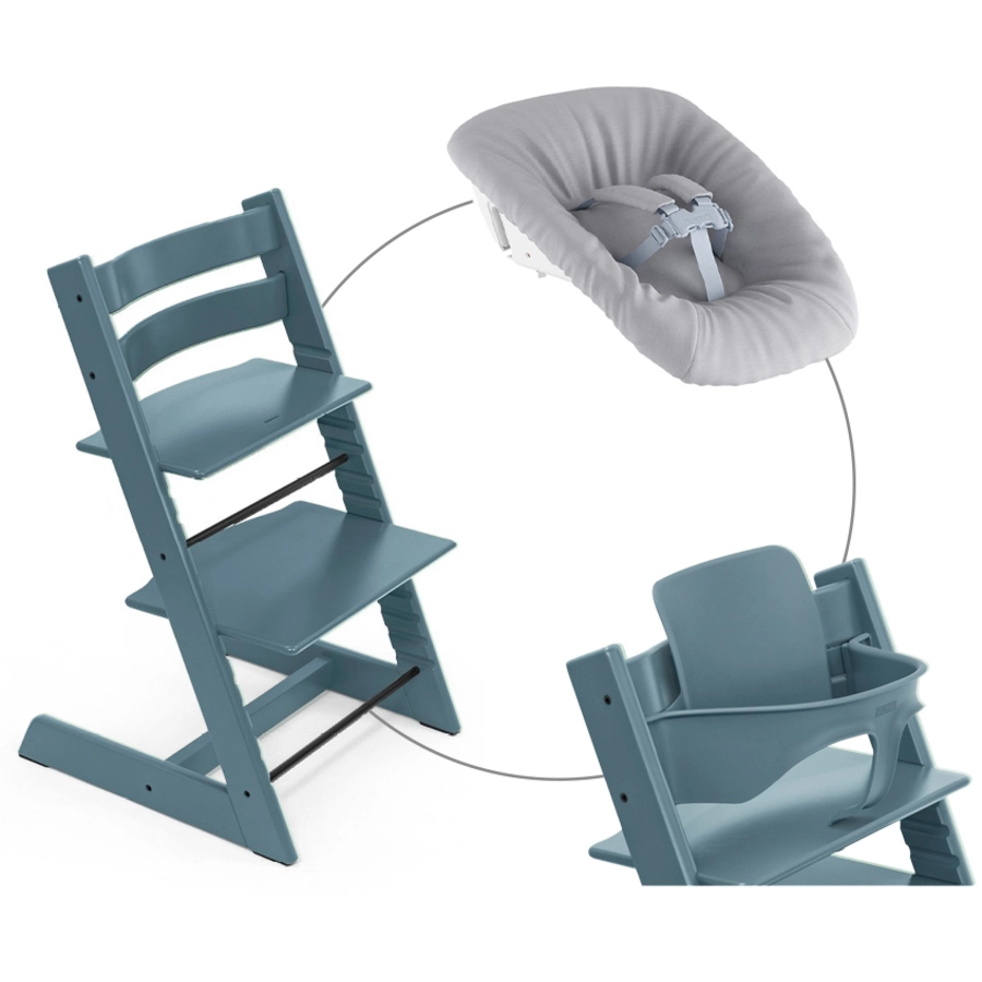 STOKKE® Mega Tripp Trapp® Set Hochstuhl Buche Fjord Blue inkl. Newborn Set™ Grey und Baby Set Fjord Blue