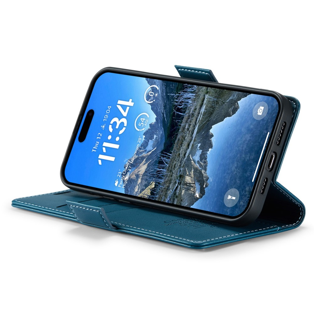 iPhone 16 Leder Tasche Flip Wallet Etui mit Kartenfächern Litchi Look (RFID Schutz) - Blaugrün