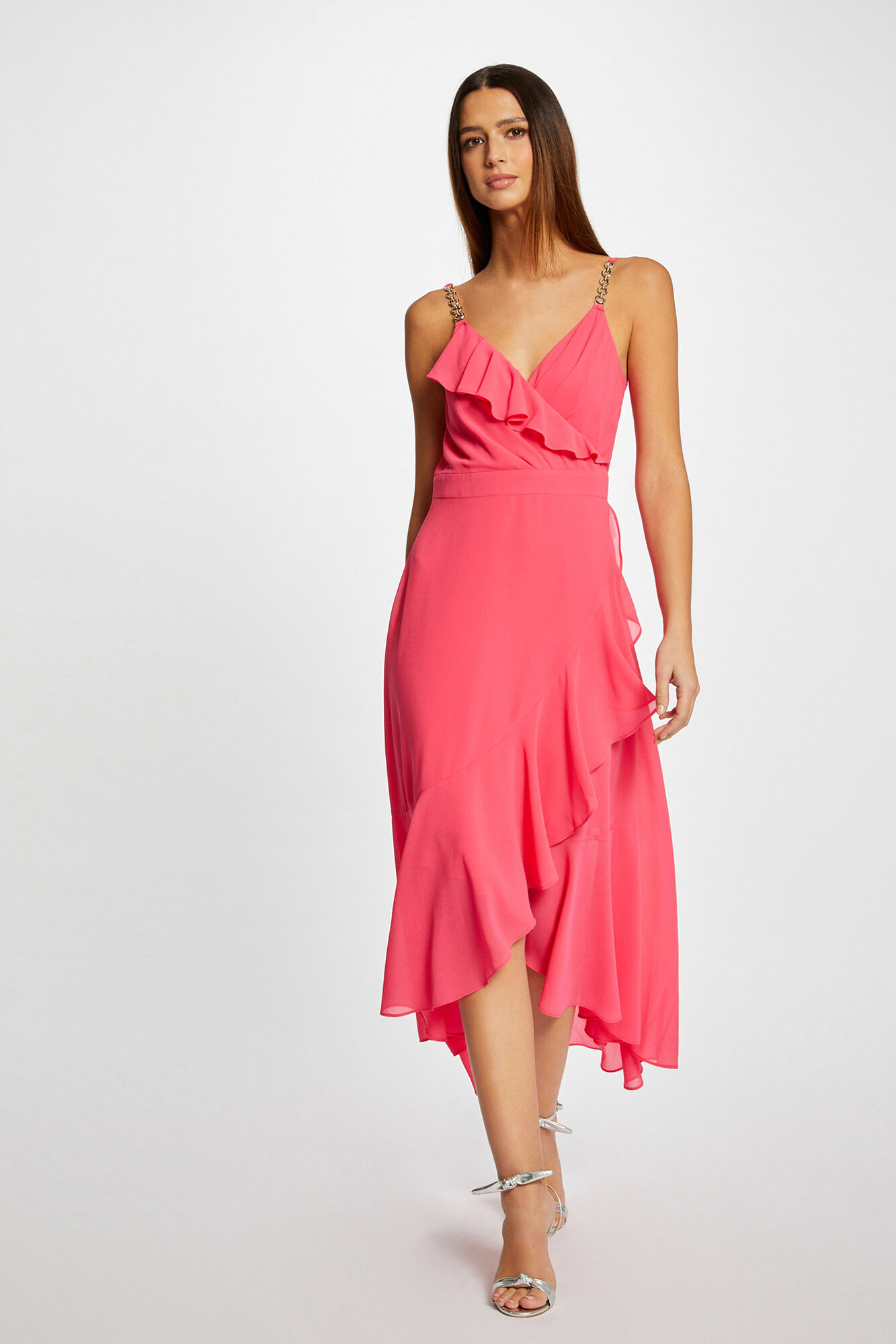 Vestido longo evasê com babados - Fúcsia
