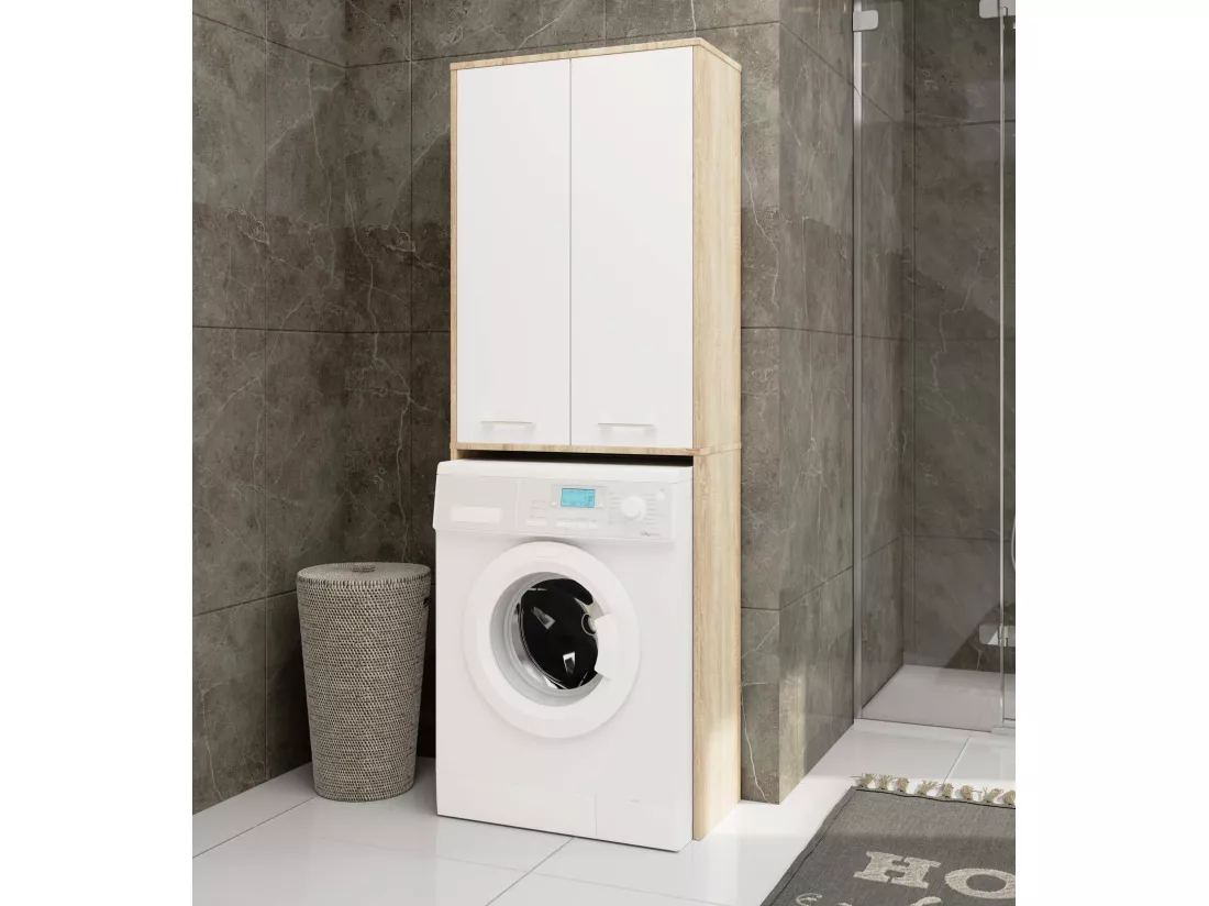 Meuble pour machine à laver FIN Chêne Sonoma 64 cm 2 portes façade Blanche 4 étagères 64x30x180 cm