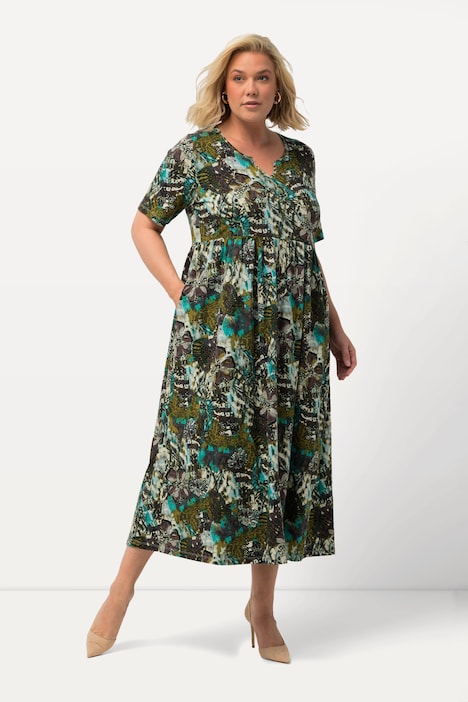 Jerseykleid, Blüten, A-Linie, Tunika-Ausschnitt, Halbarm