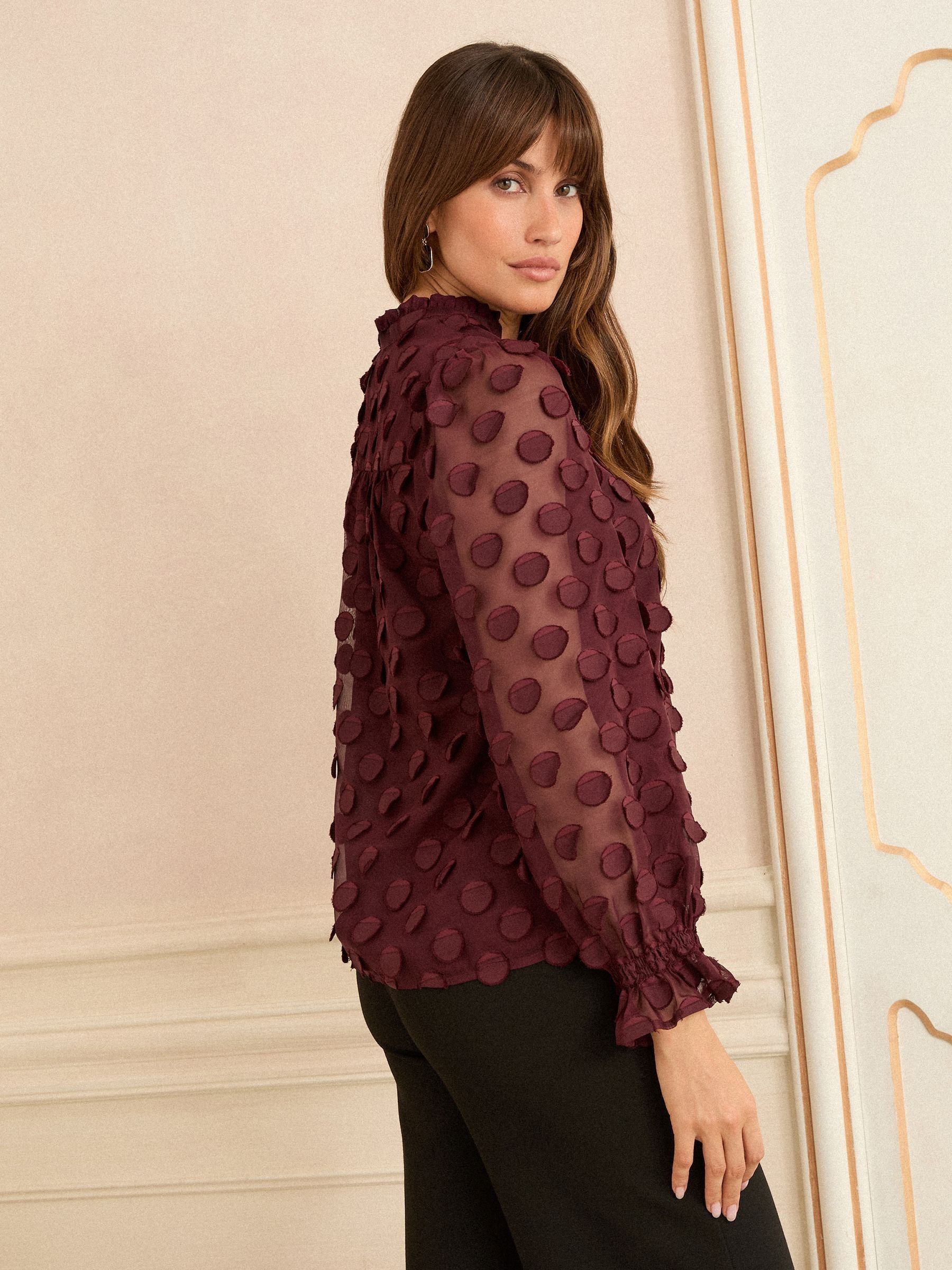 Bordeauxrood - Love & Roses 3D blouse met lange mouwen en stippen
