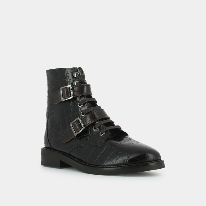 Bottines à boucles  en croco marron
