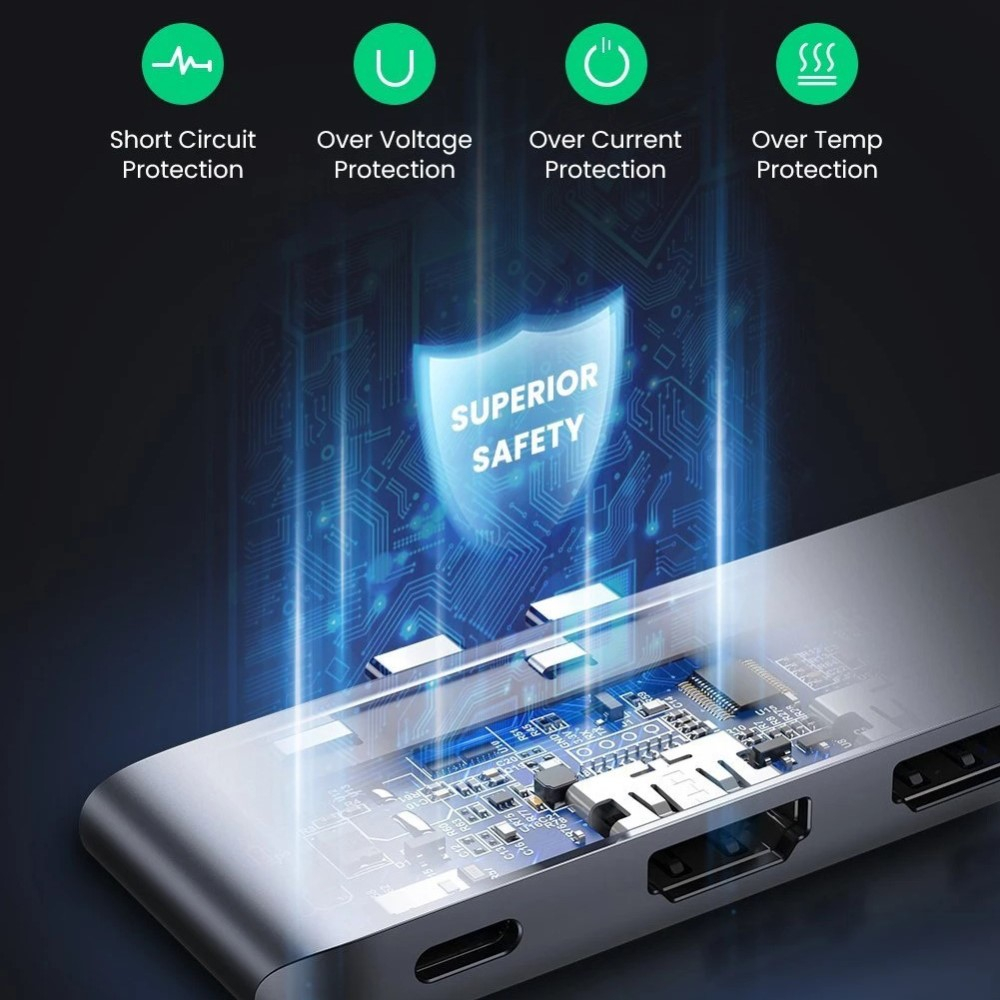 Dual USB C Multiport Adapter HUB mit 1x USB C (PD/100W) / 2x USB 3.0 / SD & Micro SD / 2x HDMI 4k@60Hz - Silber