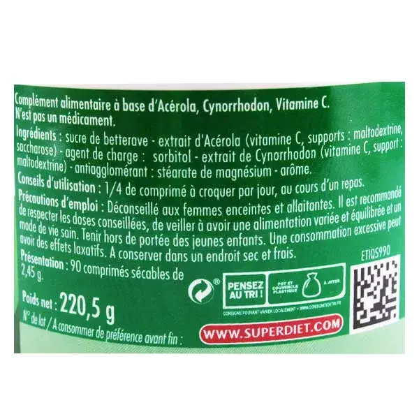 Superdiet Maxi Pot Vitamina C Acerola 90 comprimidos mastigáveis, sulcados