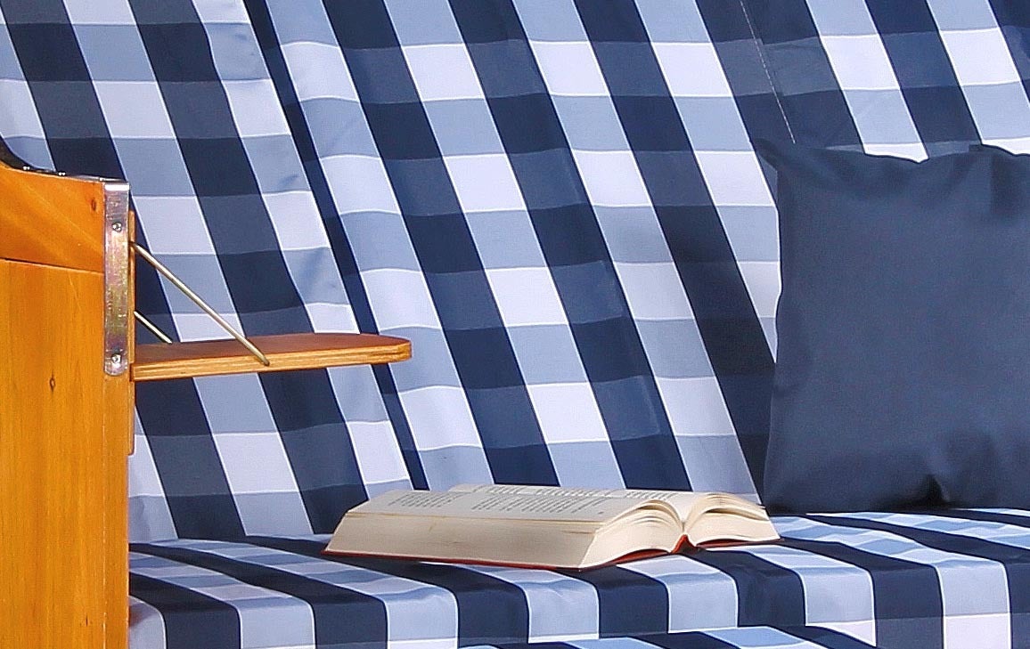 Baltische driezits strandstoel, PE wit met blauw geblokt dessin